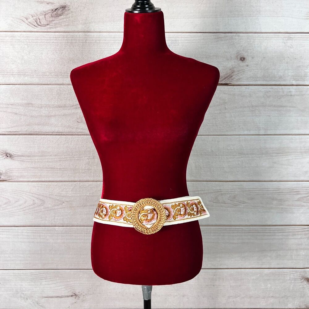 Anthropologie Belt Embroidered Floral Braided Rattan Buckle Boho